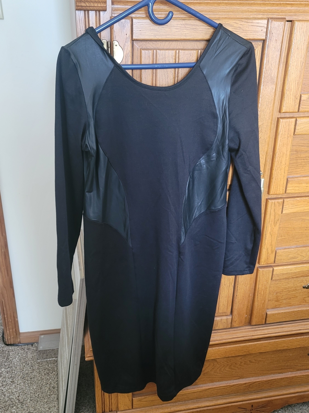 Valia Black Long Sleeve Dress with Faux Leather Panels